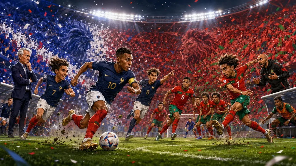 Fictional France and Morocco players in a dramatic World Cup 2026 quarter-final preview scene