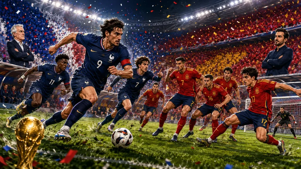 Fictional France and Spain players in a dramatic World Cup 2026 semi-final preview scene