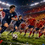 Fictional France and Spain players in a dramatic World Cup 2026 semi-final preview scene