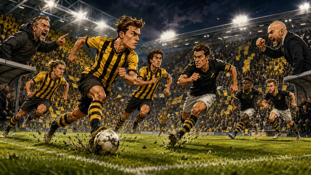 Fictional Hacken and AIK Fotboll players in a dramatic Swedish Allsvenskan preview scene