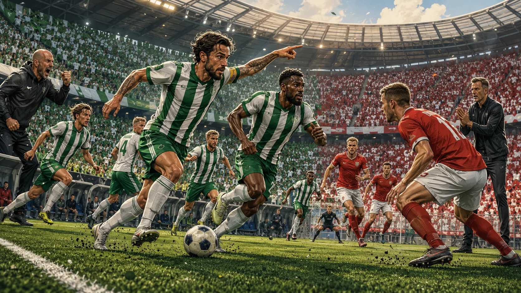 Fictional Hammarby and Degerfors players contest an Allsvenskan match at 3Arena