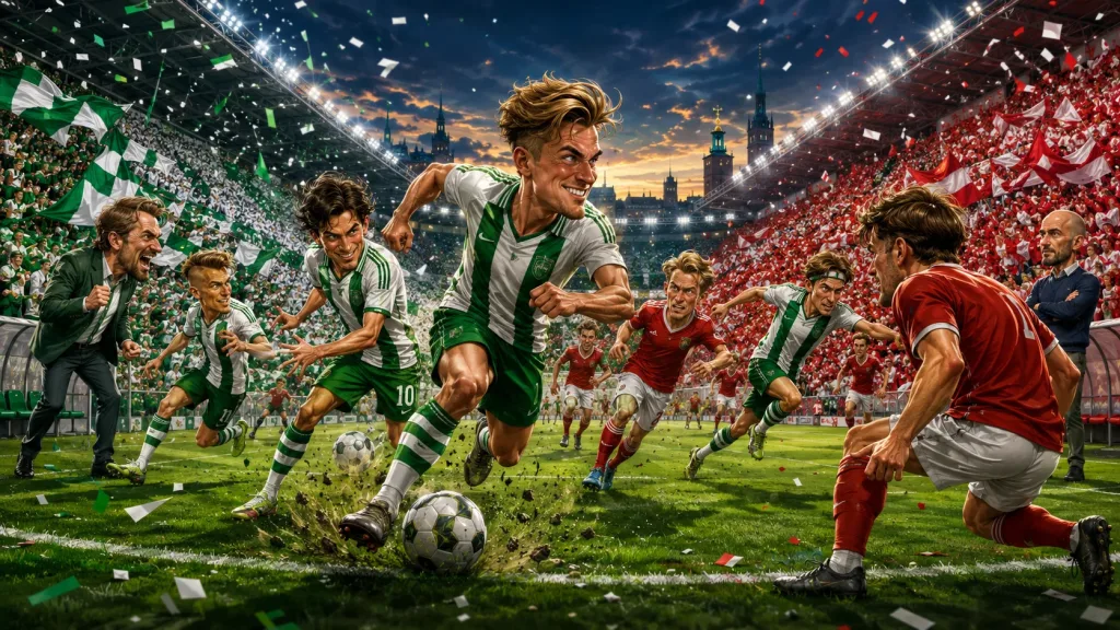 Fictional Hammarby and Kalmar players in a dramatic Swedish Allsvenskan preview scene