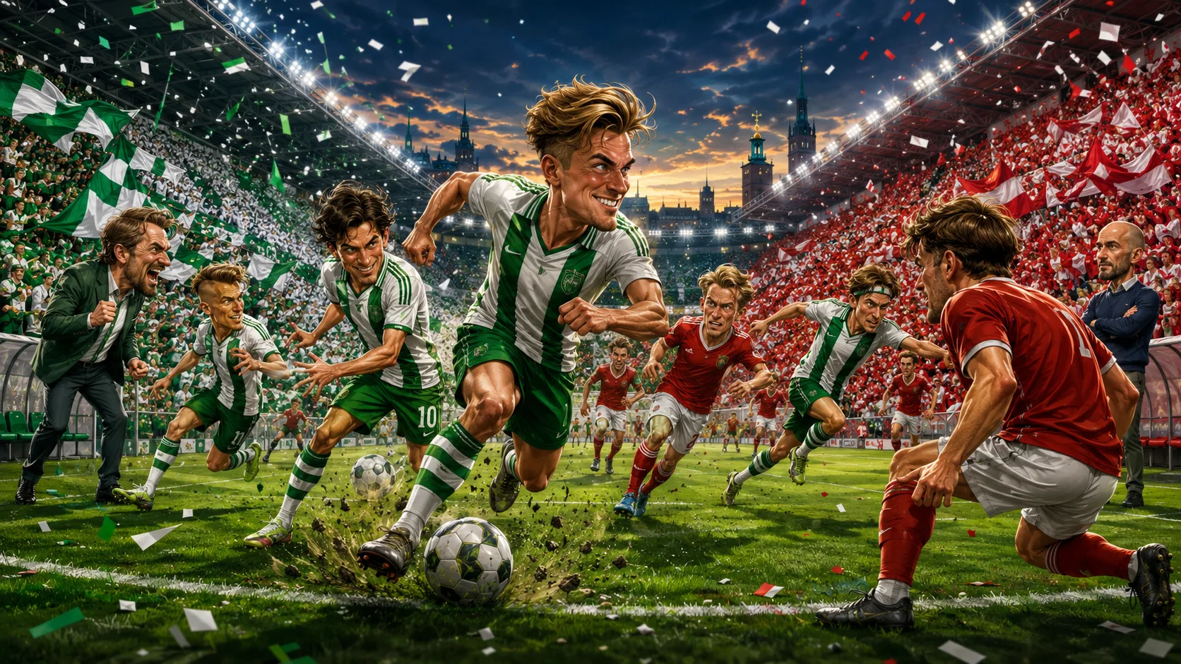 Fictional Hammarby and Kalmar players in a dramatic Swedish Allsvenskan preview scene