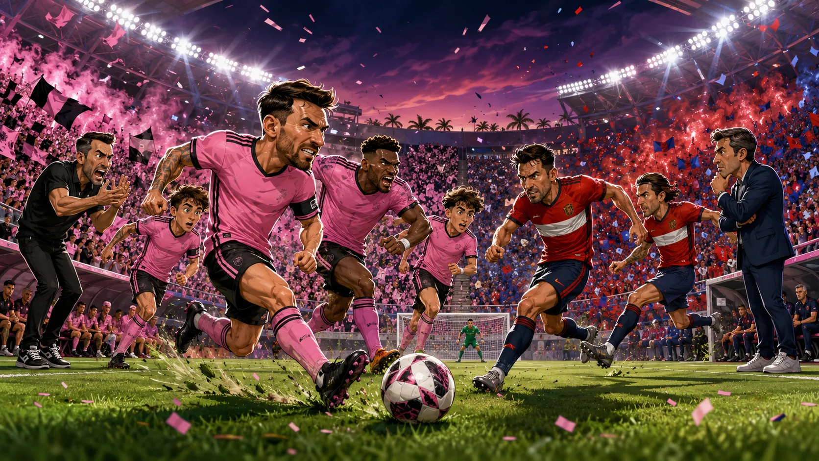 Fictional Inter Miami and Chicago Fire players in a dramatic MLS preview scene