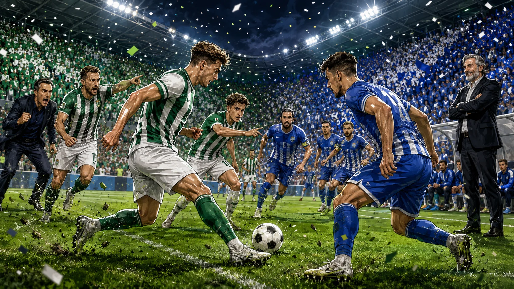 Fictional Kauno Zalgiris and Drita players in a dramatic Champions League qualifying preview scene