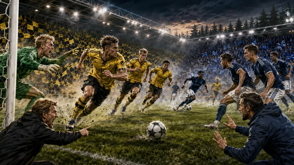 Fictional KuPS and Sabah players in a dramatic UEFA Champions League qualifying preview scene