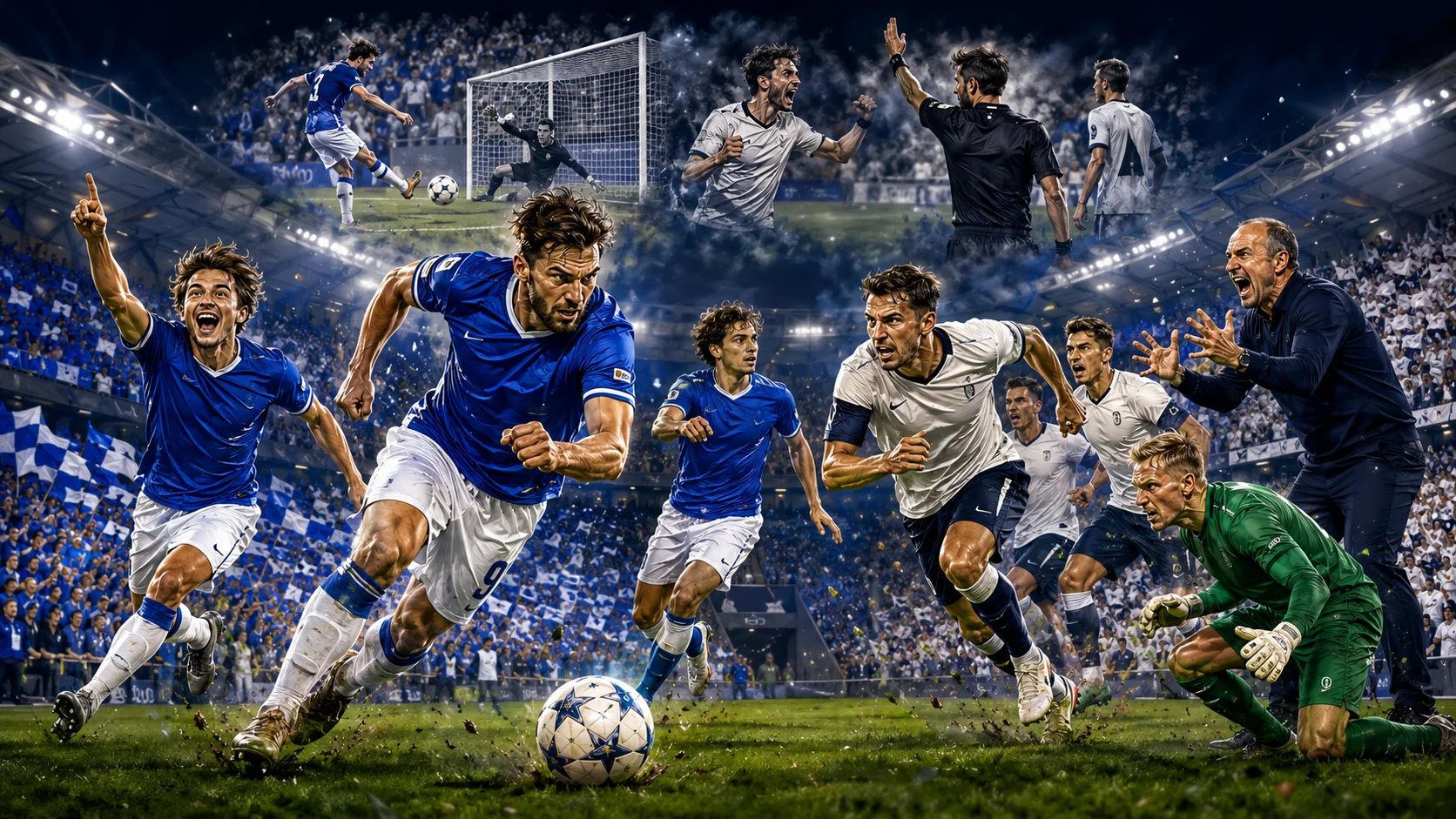 Fictional Lech Poznan and Aarhus players in a dramatic UEFA Champions League qualifying preview scene