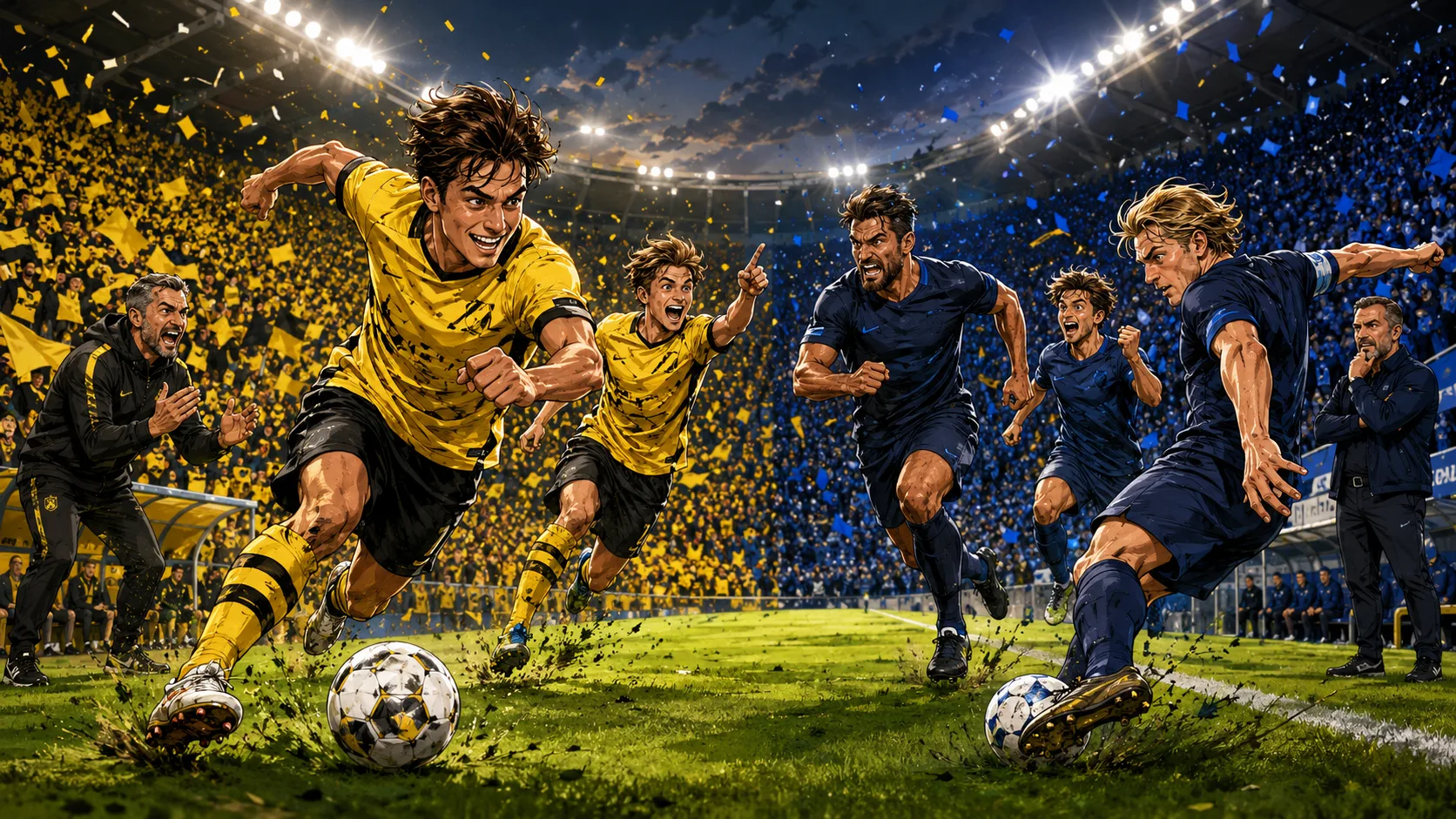 Fictional Lillestrom and Viking FK players in a dramatic Norwegian Eliteserien preview scene