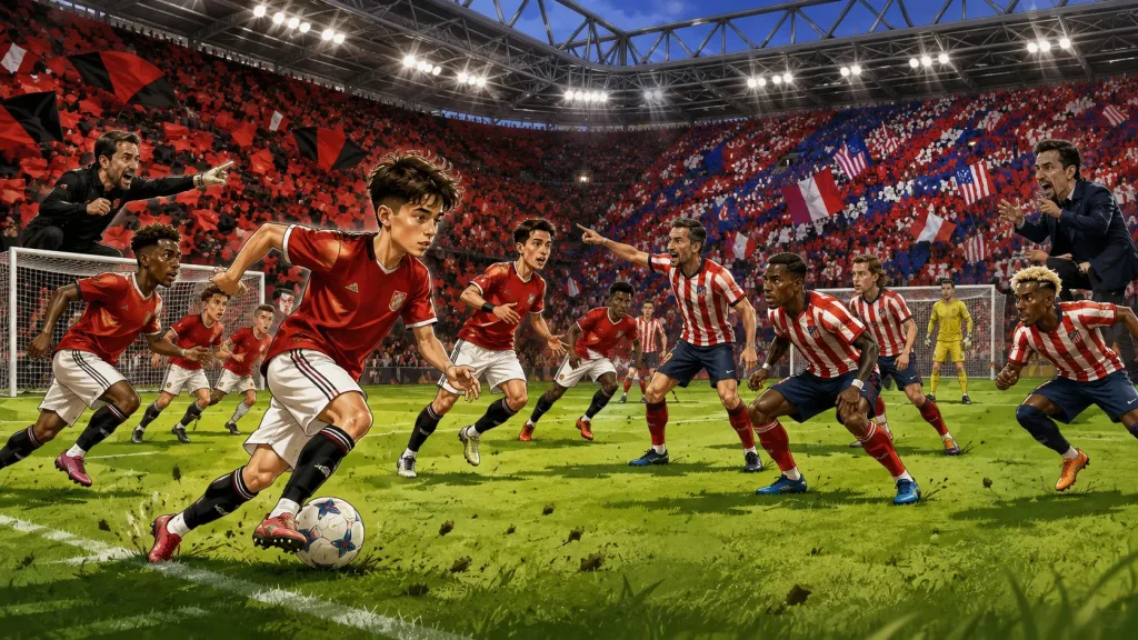 Fictional Manchester United and Atletico Madrid players in a dramatic pre-season friendly preview scene