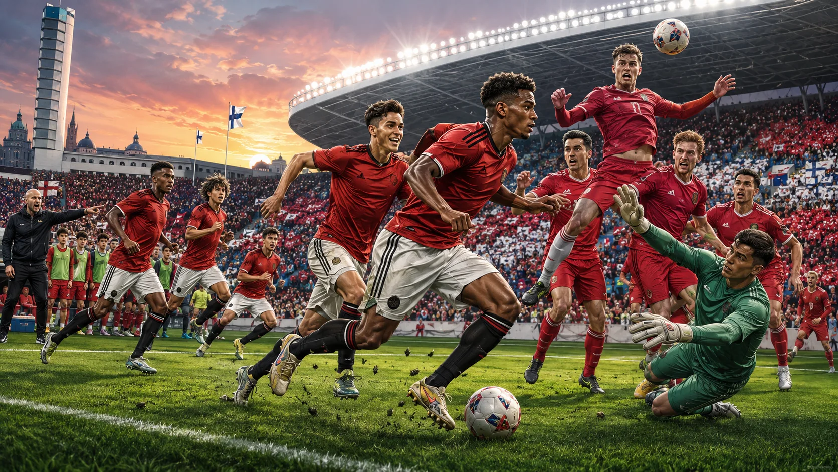 Fictional Manchester United and Wrexham players contest a pre-season friendly in Helsinki