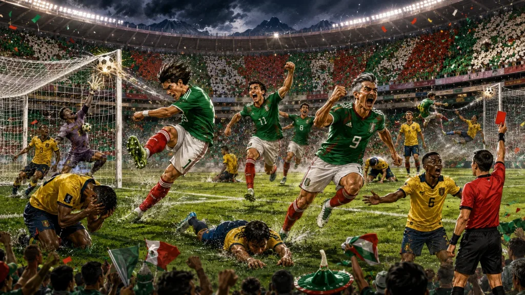 Mexico players celebrate after beating Ecuador 2-0 at World Cup 2026
