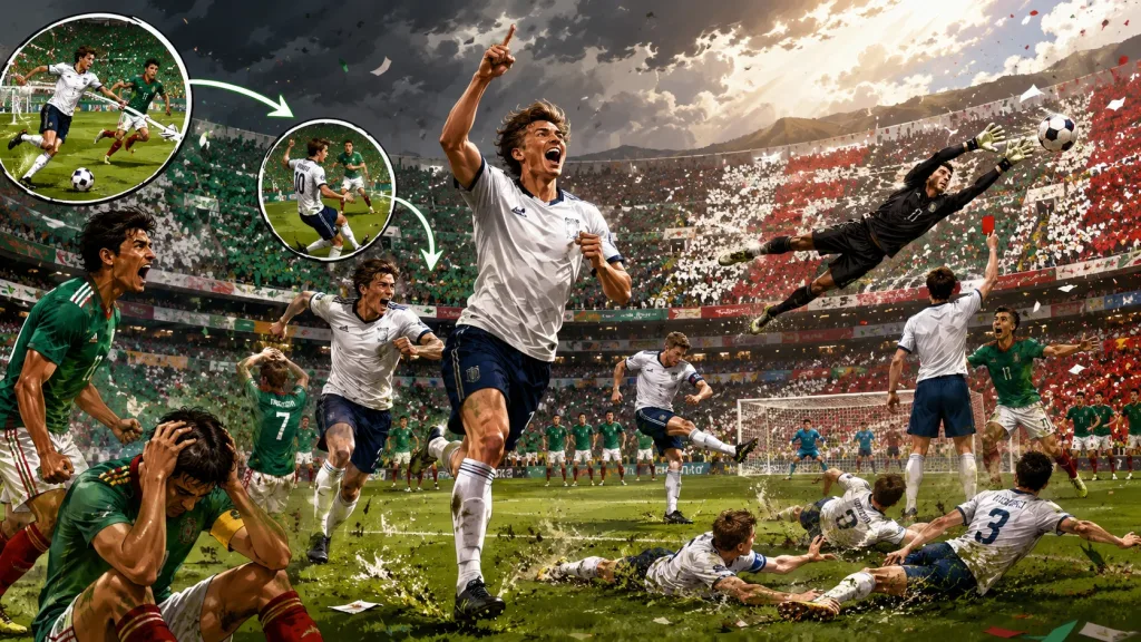 Fictional England players celebrate a dramatic 3-2 World Cup 2026 knockout win over Mexico