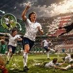 Fictional England players celebrate a dramatic 3-2 World Cup 2026 knockout win over Mexico