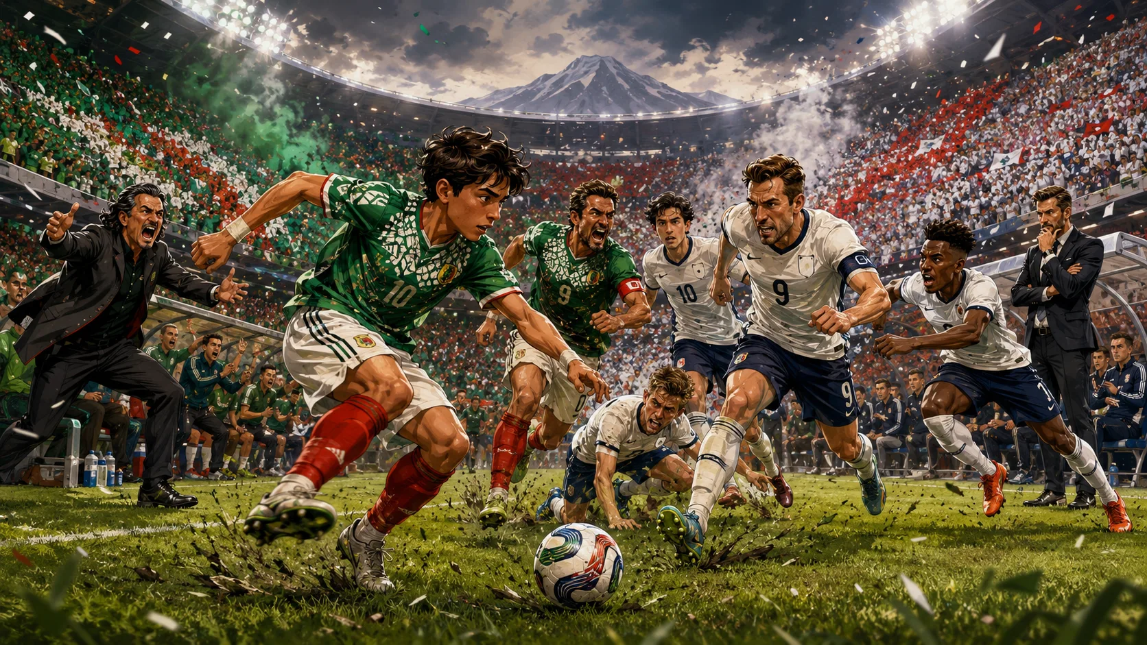 Fictional Mexico and England players in a dramatic World Cup 2026 last-16 preview scene