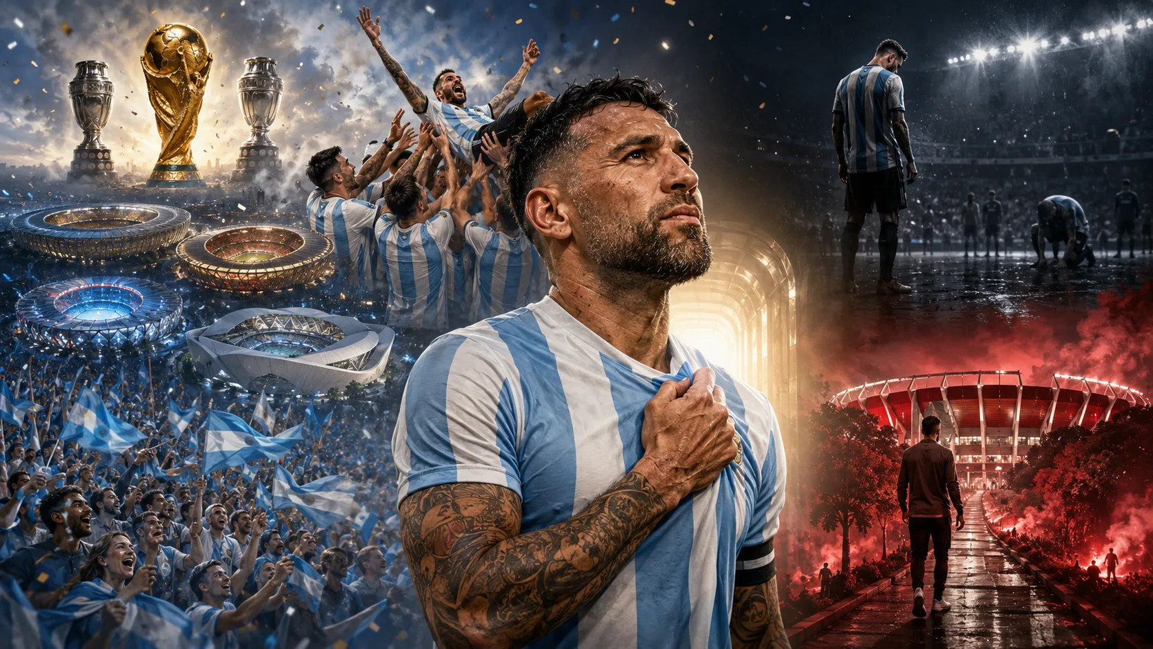 Caricature-style illustration of a veteran Argentina defender saying farewell after the 2026 World Cup