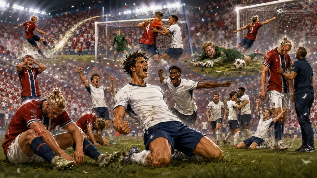 Fictional England players celebrate a dramatic extra-time World Cup 2026 quarter-final win over Norway