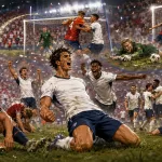 Fictional England players celebrate a dramatic extra-time World Cup 2026 quarter-final win over Norway