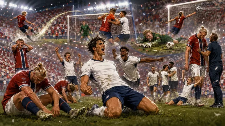 Fictional England players celebrate a dramatic extra-time World Cup 2026 quarter-final win over Norway