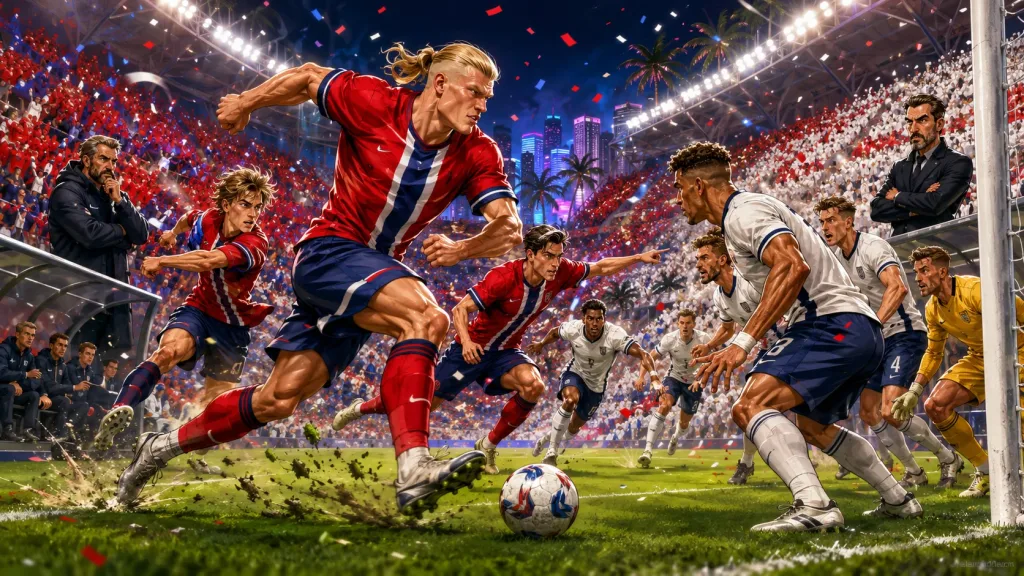 Fictional Norway and England players in a dramatic World Cup 2026 quarter-final preview scene