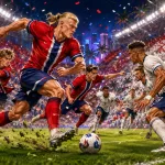 Fictional Norway and England players in a dramatic World Cup 2026 quarter-final preview scene