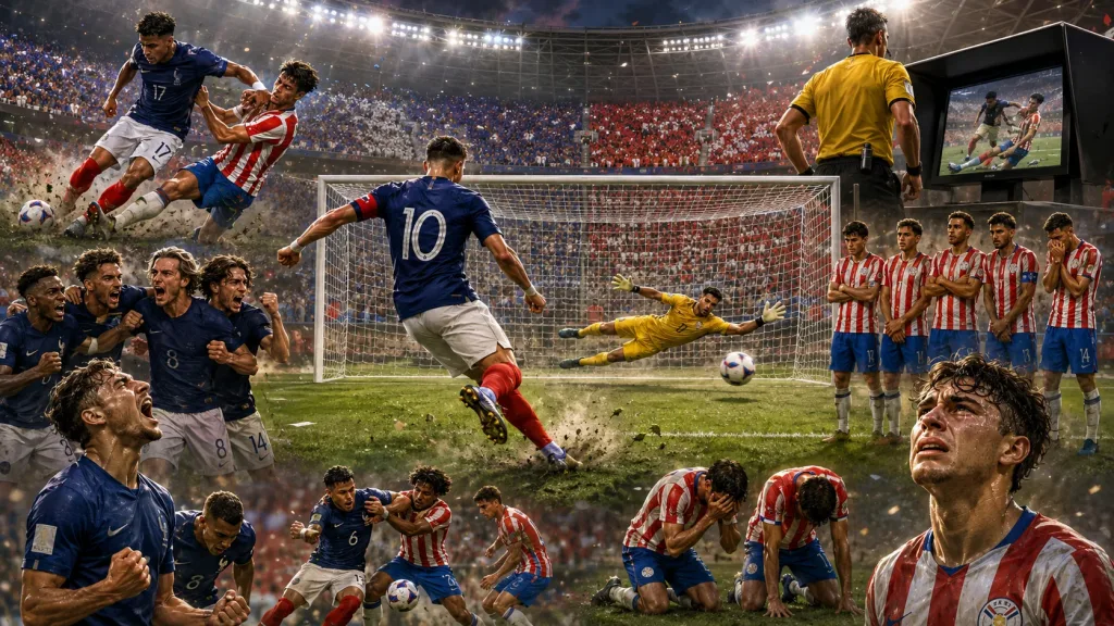 Fictional France players celebrate a tense 1-0 World Cup 2026 knockout win over Paraguay