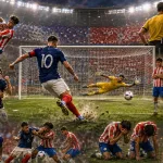 Fictional France players celebrate a tense 1-0 World Cup 2026 knockout win over Paraguay
