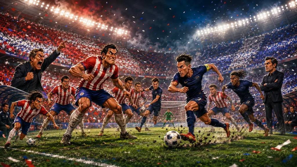 Fictional Paraguay and France players in a dramatic World Cup 2026 last-16 preview scene