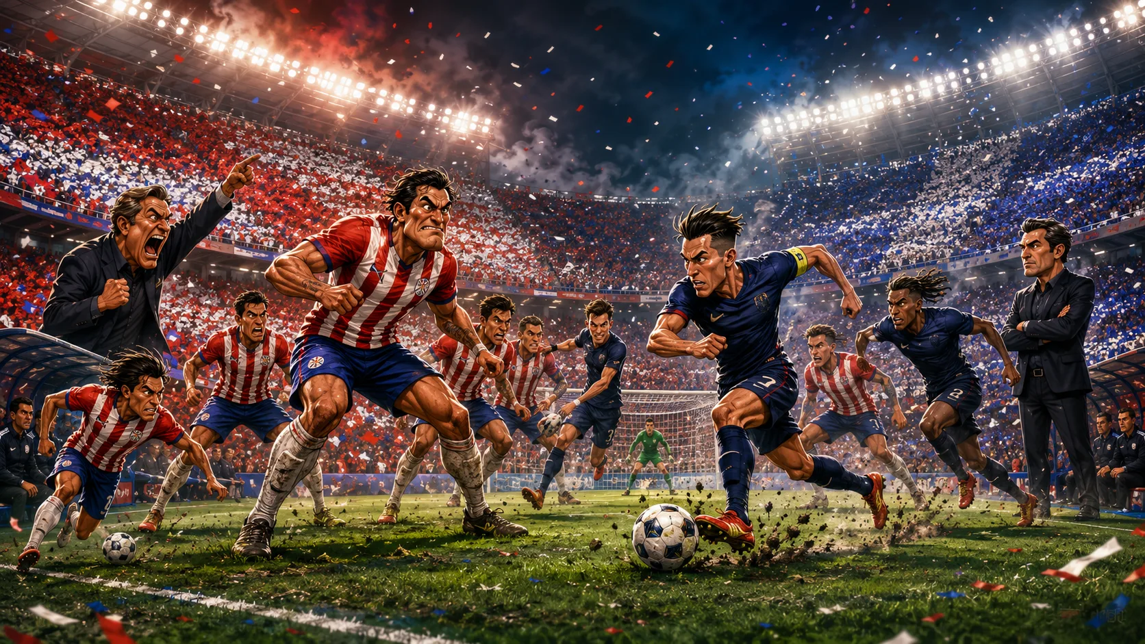 Fictional Paraguay and France players in a dramatic World Cup 2026 last-16 preview scene