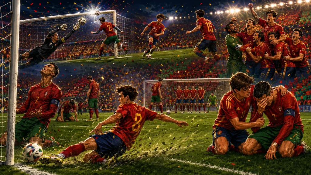 Fictional Spain players celebrate a late 1-0 World Cup 2026 knockout win over Portugal