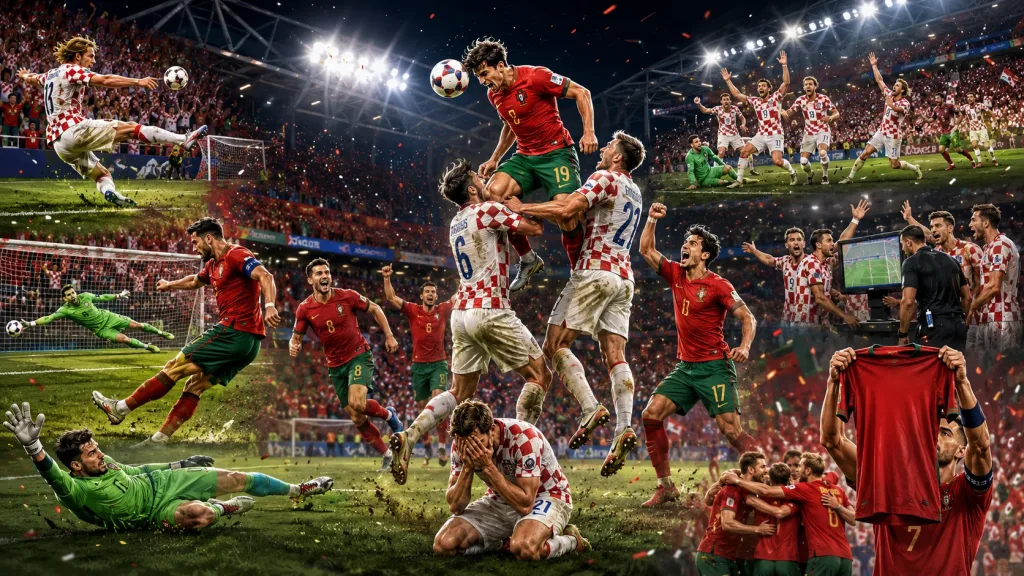 Fictional Portugal players celebrate a dramatic 2-1 World Cup 2026 knockout win over Croatia