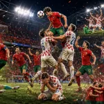 Fictional Portugal players celebrate a dramatic 2-1 World Cup 2026 knockout win over Croatia