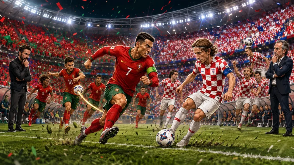 Fictional Portugal and Croatia players in a dramatic World Cup 2026 last-32 preview scene