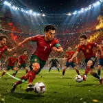 Fictional Portugal and Spain players in a dramatic World Cup 2026 last-16 preview scene