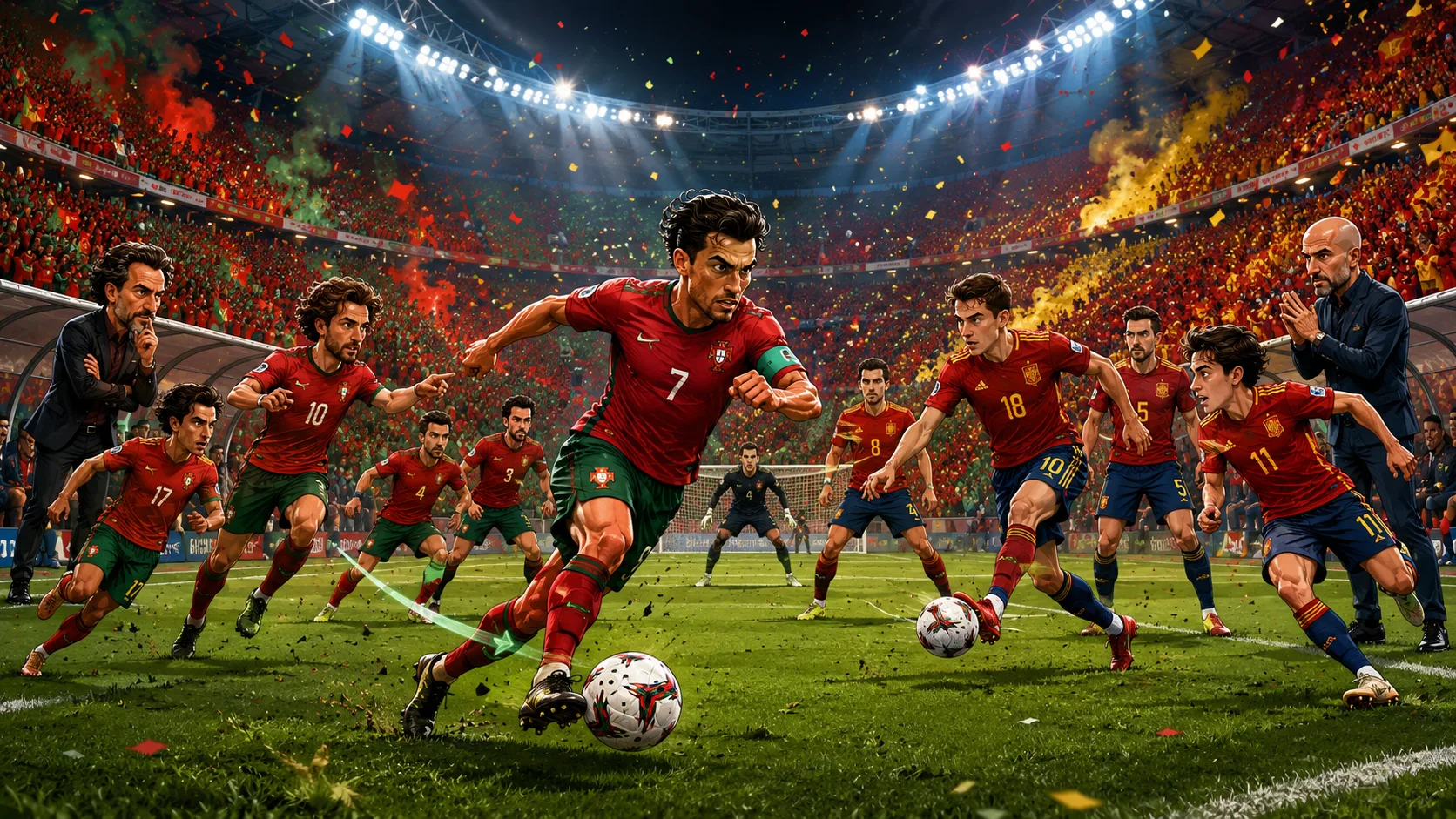 Fictional Portugal and Spain players in a dramatic World Cup 2026 last-16 preview scene
