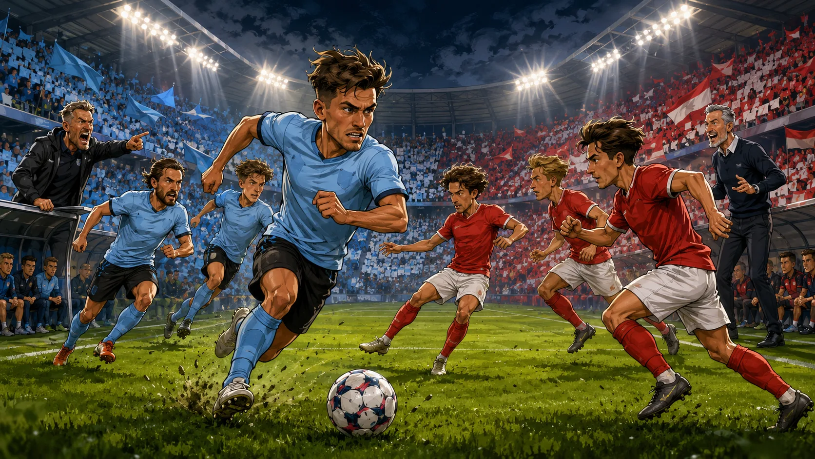 Fictional Randers and Silkeborg players in a dramatic Danish Superliga opening-round preview scene