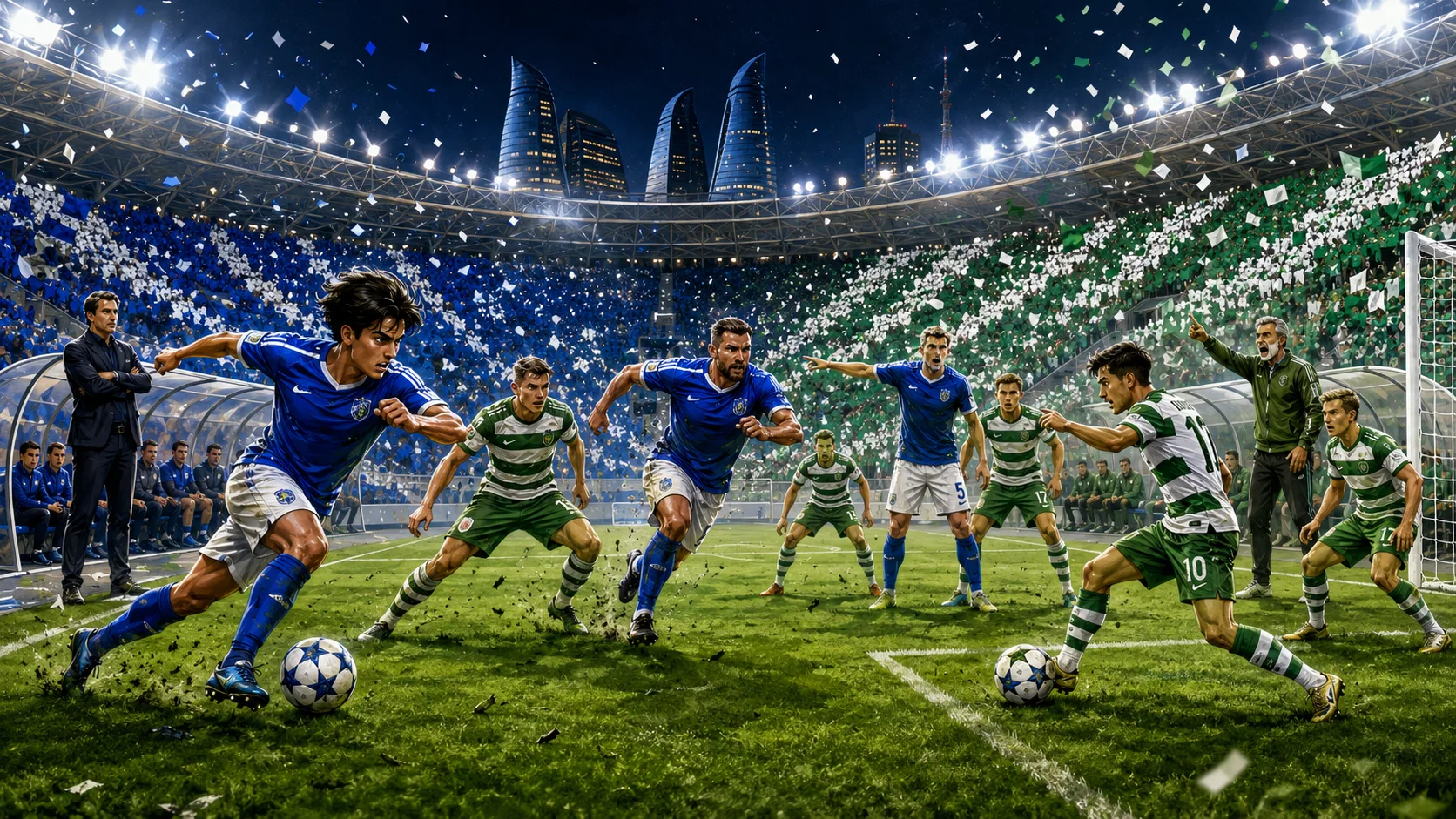 Fictional Sabah and The New Saints players in a dramatic Champions League qualifying preview scene