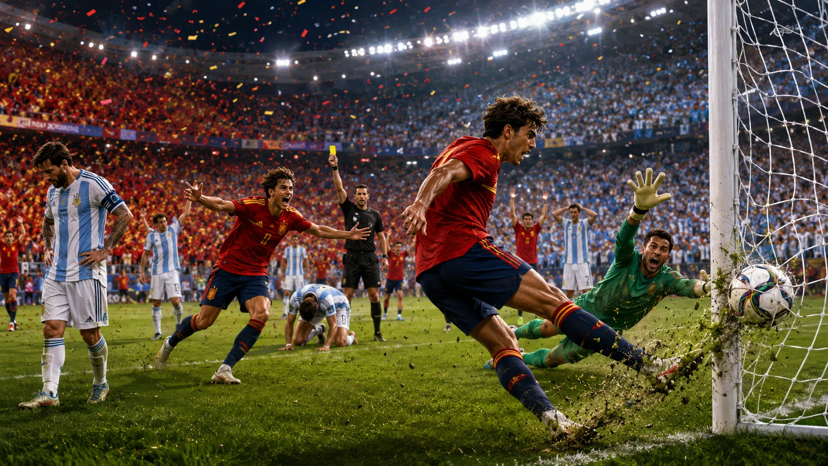 Fictional Spain players celebrate winning the World Cup 2026 final against Argentina