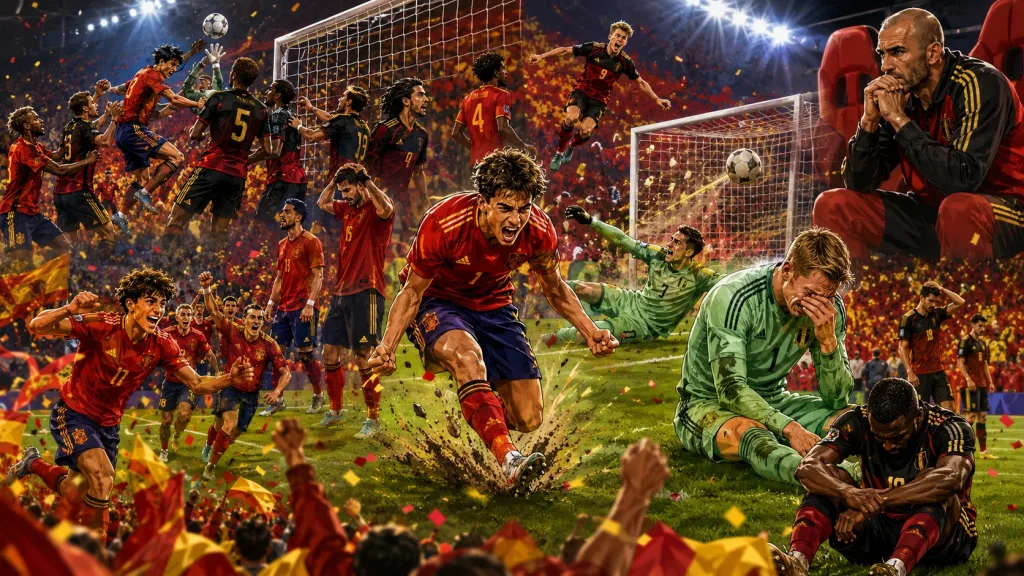 Fictional Spain players celebrate a dramatic 2-1 World Cup 2026 quarter-final win over Belgium