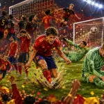 Fictional Spain players celebrate a dramatic 2-1 World Cup 2026 quarter-final win over Belgium