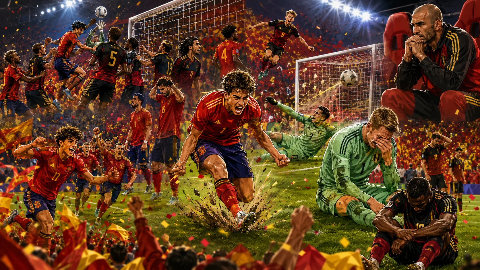 Fictional Spain players celebrate a dramatic 2-1 World Cup 2026 quarter-final win over Belgium