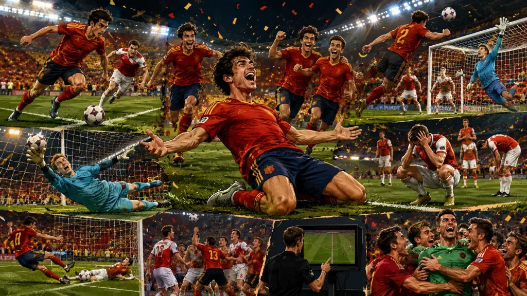 Fictional Spain players celebrate a 3-0 World Cup 2026 knockout win over Austria