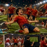 Fictional Spain players celebrate a 3-0 World Cup 2026 knockout win over Austria