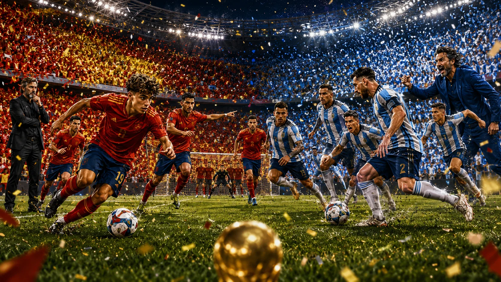Fictional Spain and Argentina players contest the World Cup 2026 final in New Jersey