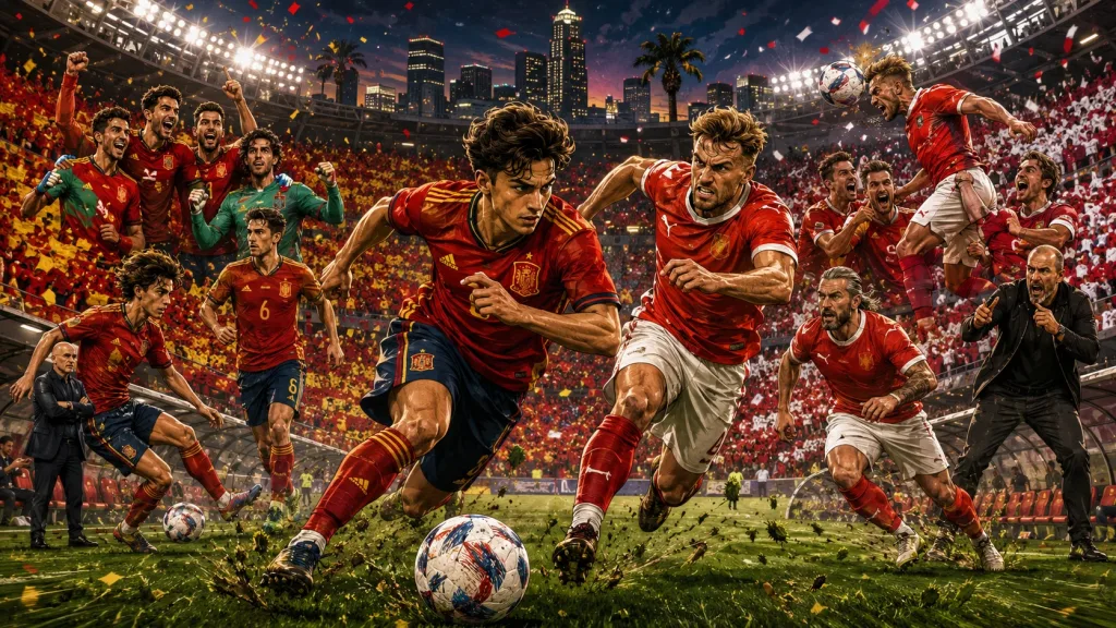 Fictional Spain and Austria players in a dramatic World Cup 2026 last-32 preview scene