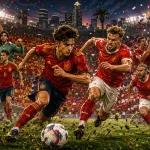 Fictional Spain and Austria players in a dramatic World Cup 2026 last-32 preview scene