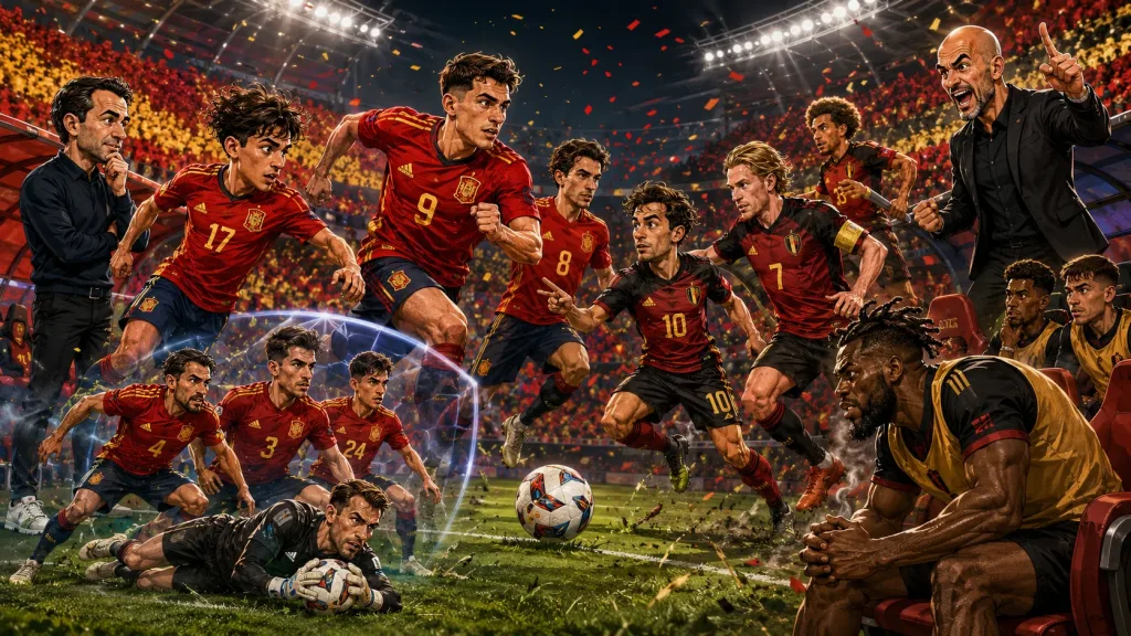 Fictional Spain and Belgium players in a dramatic World Cup 2026 quarter-final preview scene