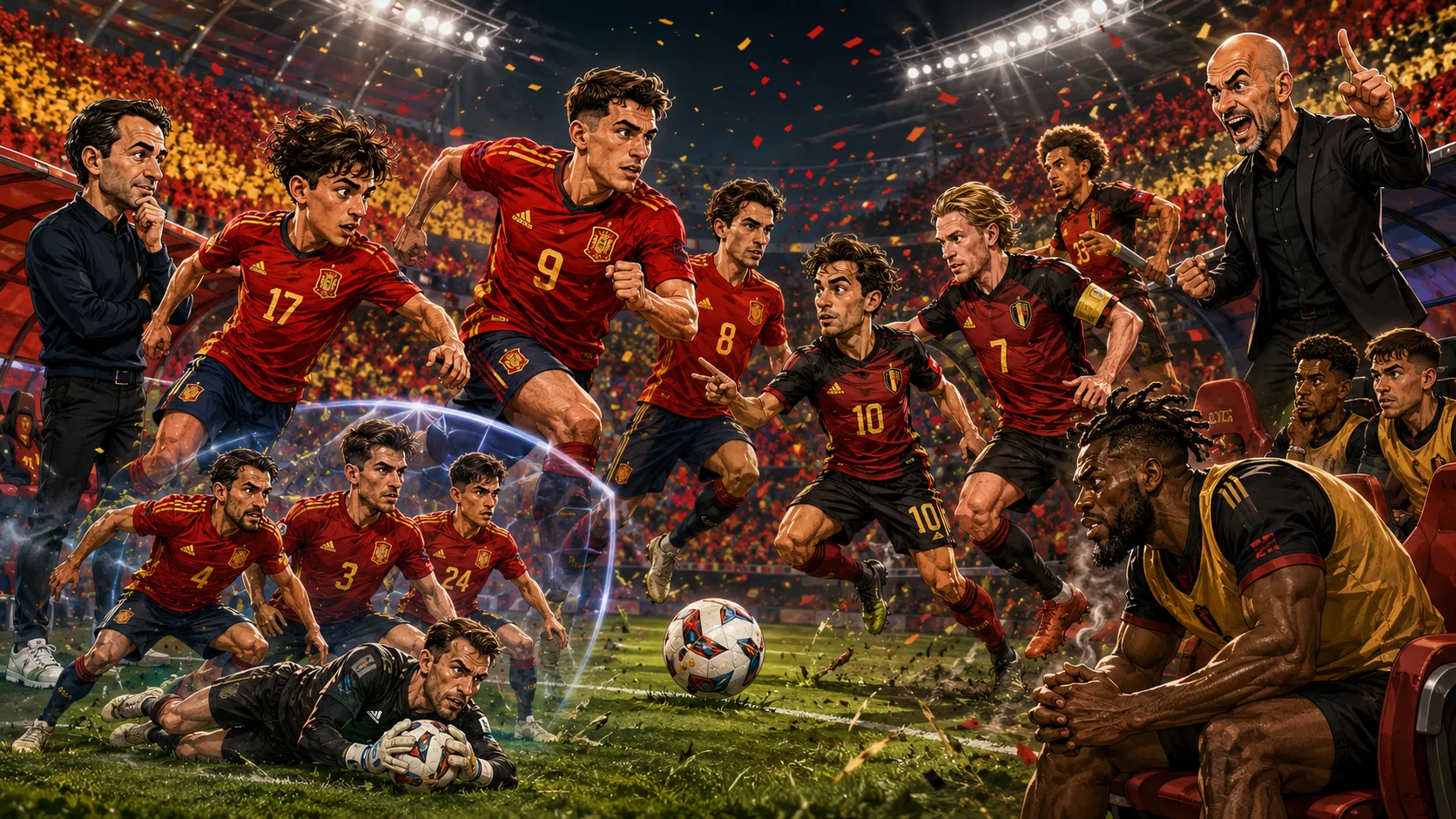 Fictional Spain and Belgium players in a dramatic World Cup 2026 quarter-final preview scene