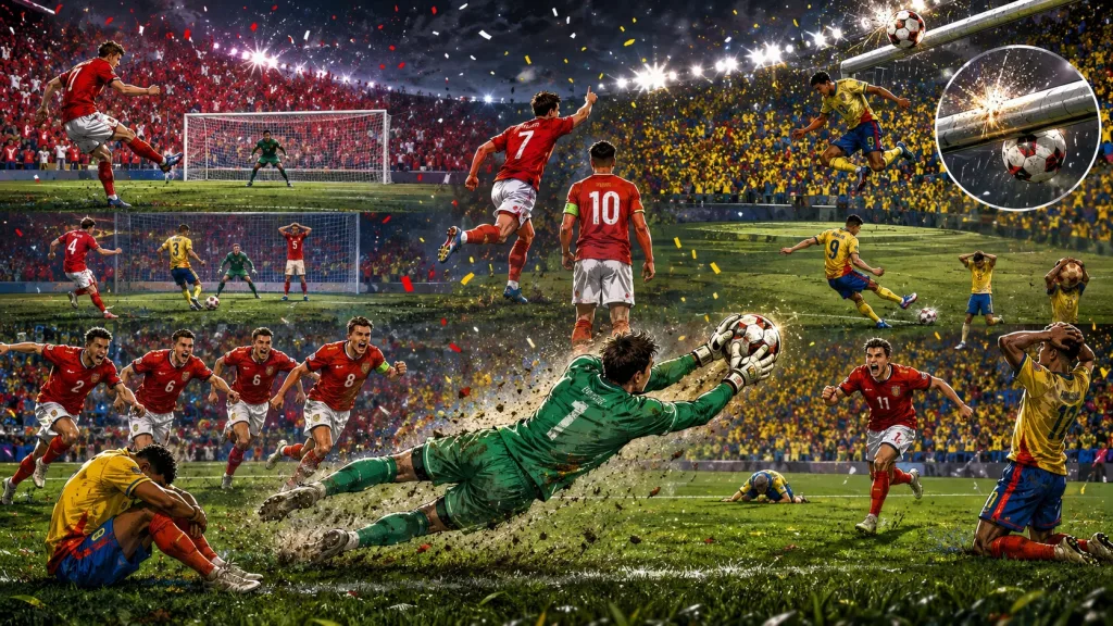 Fictional Switzerland players celebrate a dramatic World Cup 2026 penalty shootout win over Colombia