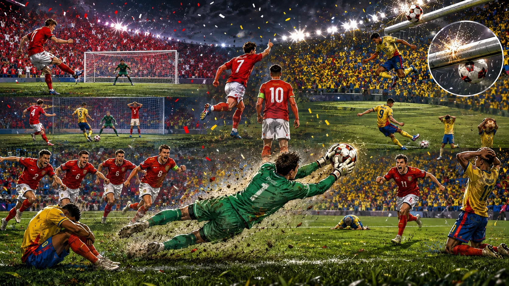 Fictional Switzerland players celebrate a dramatic World Cup 2026 penalty shootout win over Colombia