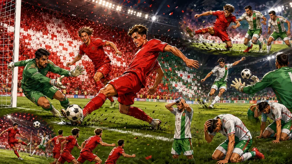 Fictional Switzerland players celebrate a 2-0 World Cup 2026 knockout win over Algeria